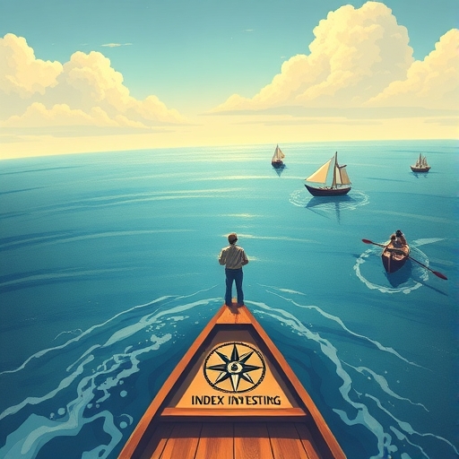 隱喻插圖，一人用標註「指數投資」的簡單羅盤航行廣闊平靜海洋代表市場，其他人划小舟追逐遙遠熱門股島嶼，呈現明亮樂觀童話風格