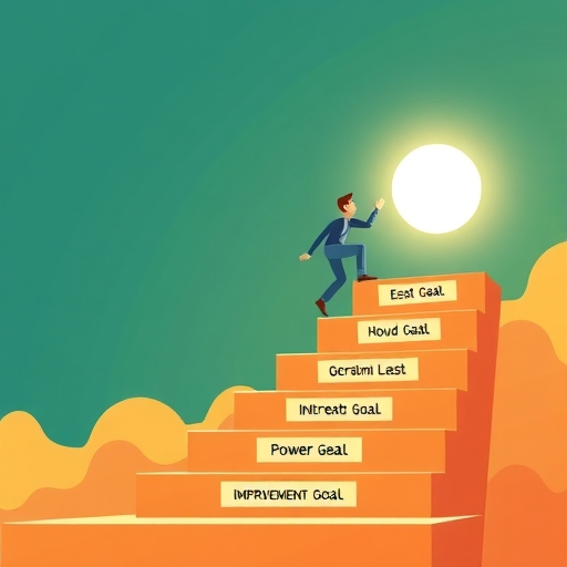 a metaphorical illustration of a person climbing a series of steps labeled with financial improvement goals towards a bright goal in a warm optimistic color scheme