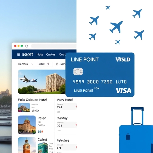 a split image showing a hotel booking website on one side and a credit card with line points symbols on the other with a subtle overlay of travel icons like airplanes and luggage suggesting seamless booking and rewards