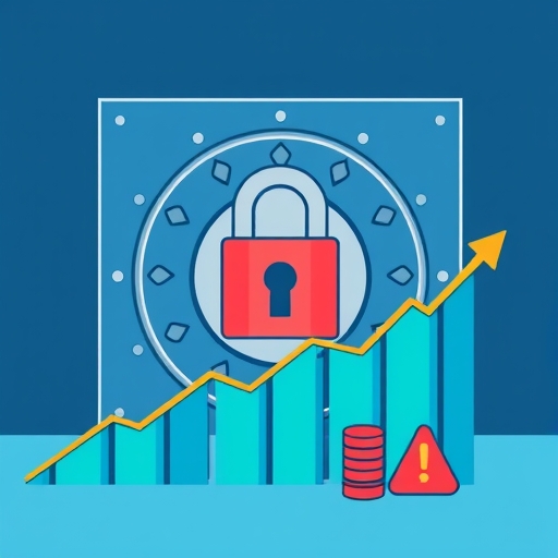 a stylized illustration of a bank vault with a padlock superimposed on a graph showing rising debt levels and a small red alert symbol in a cool color palette