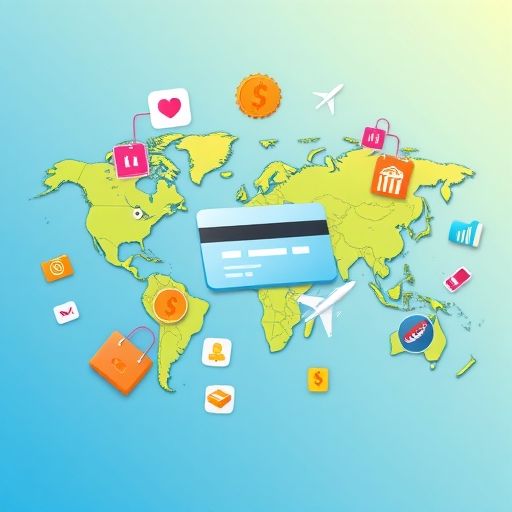 a vibrant illustration of a global map with various transaction icons like shopping bags airplanes and digital payments emanating from a central credit card with bright accent colors and a dynamic feel