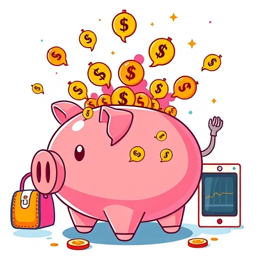 a vibrant illustration of a stylized piggy bank overflowing with digital points symbols shaped like currency being exchanged for luxury items like a handbag and an appliance