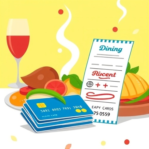 信用卡堆疊與旭集餐券：生動插圖展示餐飲回饋與美食盤