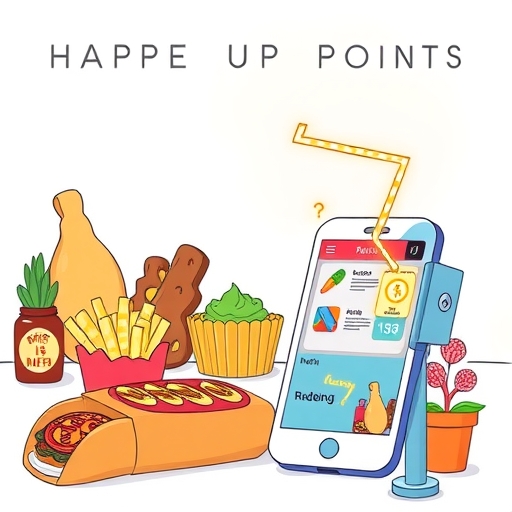 a whimsical illustration showing diverse food items and a parking meter being redeemed by glowing digital points symbols floating from a stylized smartphone app