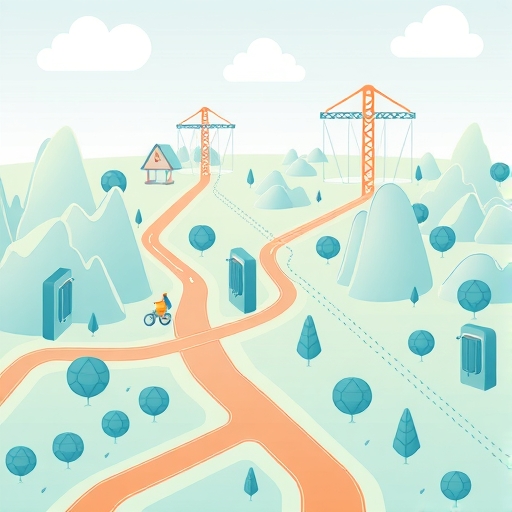 an abstract depiction of a user navigating a digital landscape choosing between fast expensive paths and slow cheaper paths to save gas fees