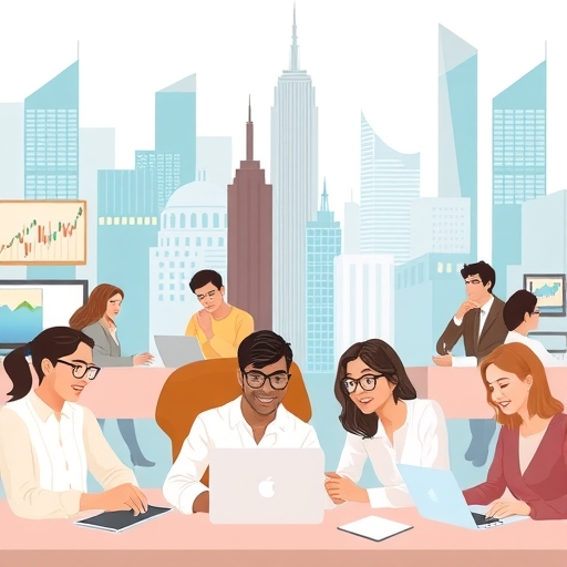 多元投資人使用從筆電到桌機的裝置分析股市趨勢插圖，背景城市景觀，柔和色調，台灣電腦看盤介面設定指南