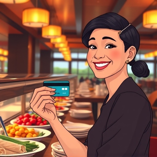 旭集刷卡回饋：微笑顧客持信用卡享用奢華自助餐廳的金色燈光與溫暖氛圍