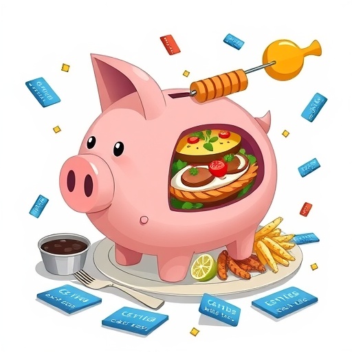 存錢罐變旭集自助餐：信用卡符號環繞的樂觀插圖，象徵回饋效益
