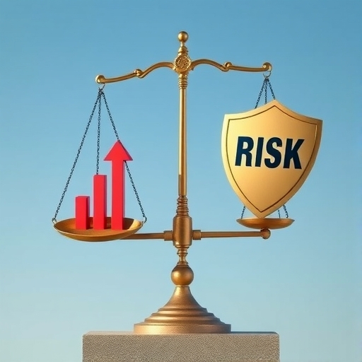 平衡秤一邊托著上升股票圖表，另一邊持盾牌象徵風險，藍天背景傳達安全感，呼應夏普值公式中的風險與報酬平衡