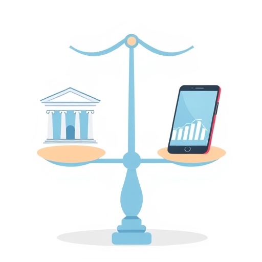 illustration of a balanced scale with a government building on one side and a modern smartphone on the other representing stability versus digital innovation in financial services with a soft pastel color palette