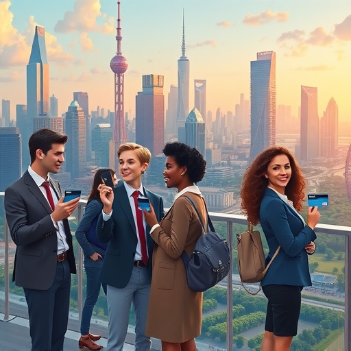 一群精明使用者自信運用信用卡，俯瞰融合企業大樓與綠意空間的活力全球城市景觀，溫暖燈光與精緻色調