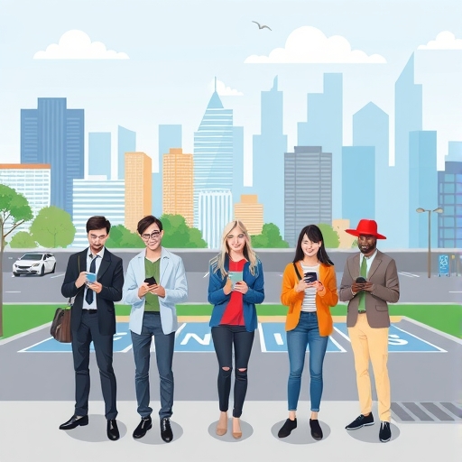 多元風格持卡人快樂使用停車App，手機畫面顯示城市景觀與多個停車場入口