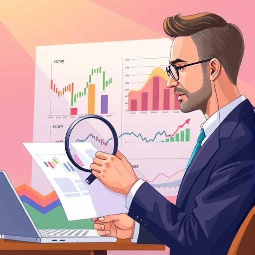 金融顧問比較兩張投資圖表，使用放大鏡強調風險評估與報酬比率，充滿活力色彩與柔和燈光，適合夏普值風險調整說明