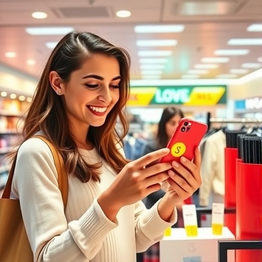 illustration of a happy shopper using a smartphone to display a digital loyalty card with glowing points symbols accumulating around her at a bright department store counter