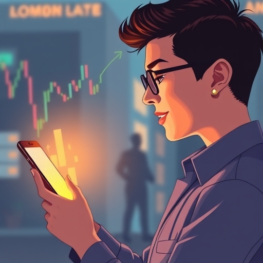 現代人透過智慧手機查看閃爍的財務圖表,象徵高利活存數位帳戶的利率優勢與數位銀行服務,採用柔和樂觀色調
