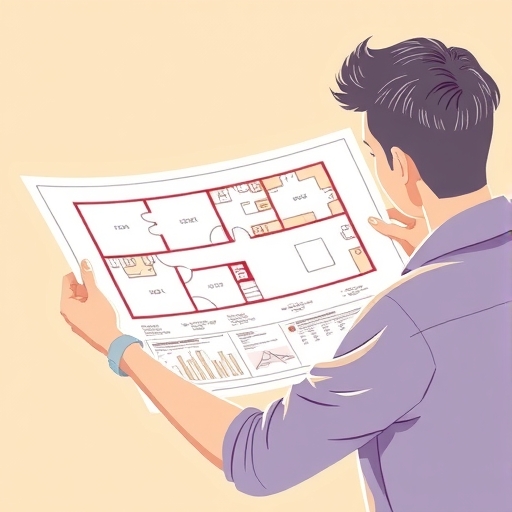 illustration of a person carefully examining a blueprint with highlighted usable floor space emphasizing efficiency and smart planning with a soft warm color palette focused on clarity