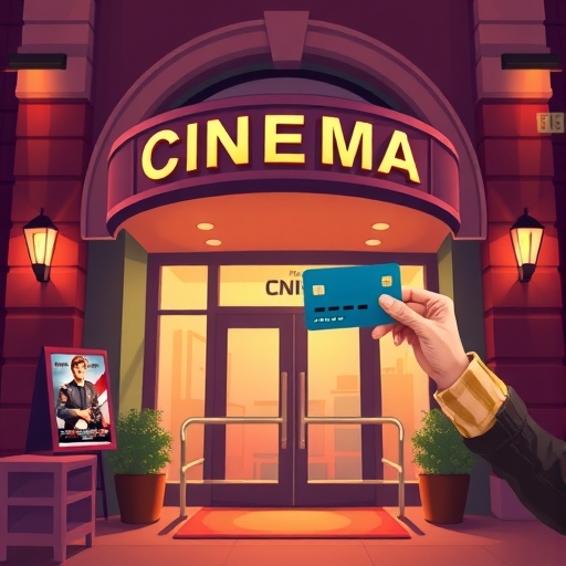 illustration of a person happily holding a credit card in front of a cinema entrance bathed in warm evening light with movie posters on display