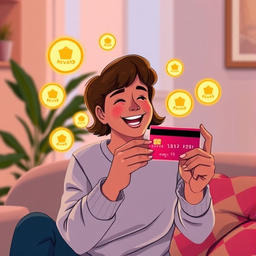 illustration of a person happily using a credit card with glowing reward symbols appearing around them in a cozy room setting with soft lighting and warm color tones