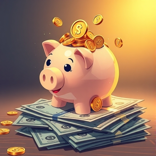 豬仔撲滿溢出硬幣與獎勵代幣，置於日常開支如雜貨水電帳單堆上，柔和光芒照耀