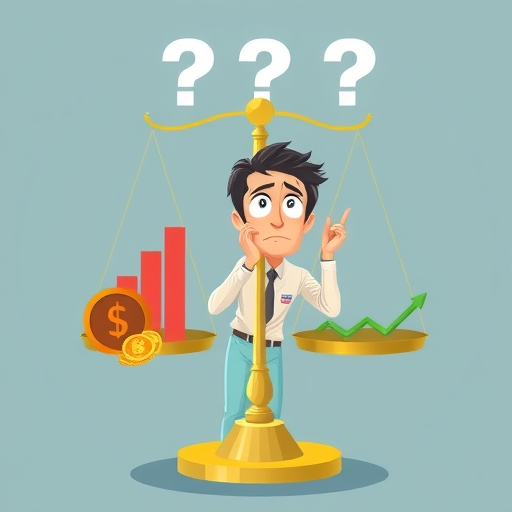 illustration of a scale balancing a stock market graph and a net asset value indicator with a confused investor looking confused and uncertain about the direction