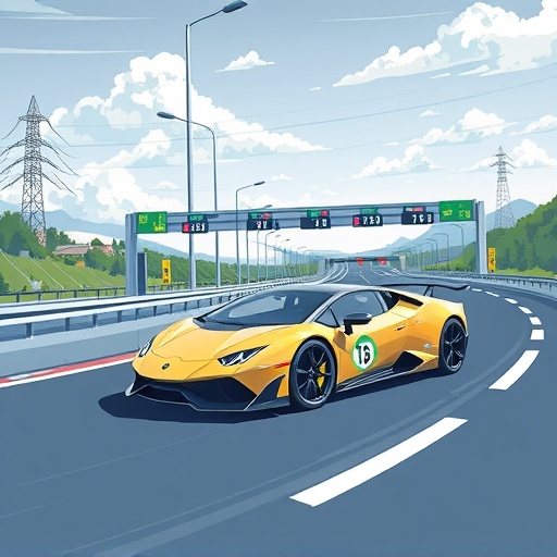 illustration of a super sports car on a highway with toll booths representing gas fees