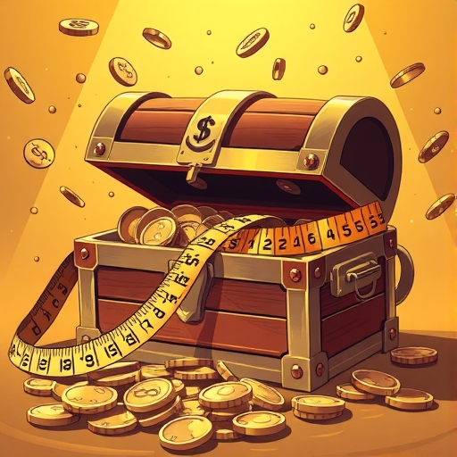 寶箱溢出金幣，周圍纏繞捲尺象徵測量風險與報酬，暖金色光芒專業親切，適合夏普值進階比較與實戰應用