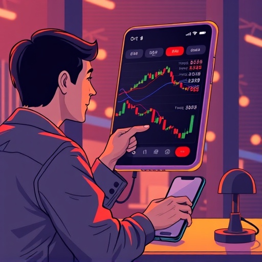 illustration of a user happily navigating a sleek mobile trading app interface filled with vibrant charts and data with warm, inviting lighting and a minimalist aesthetic