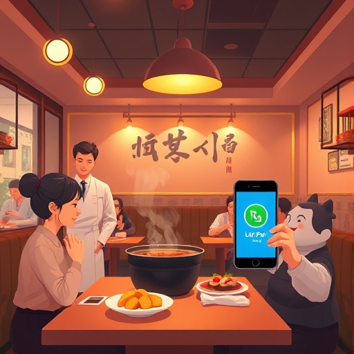 溫暖舒適的海底撈火鍋餐廳內部插圖，亞洲設計元素、柔和燈光與快樂用餐者使用顯示LINE Pay標誌的行動裝置付款