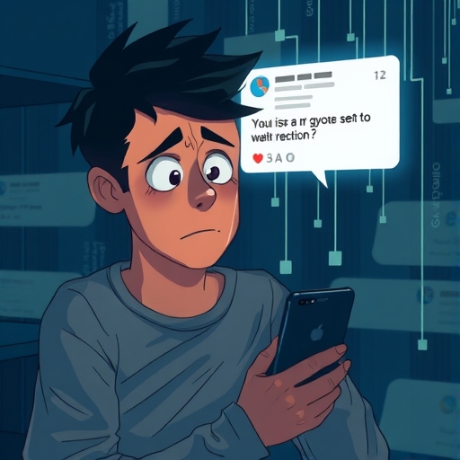 illustration of a worried person looking at a rejection notification on a smartphone in a dimly lit room with digital data streams overlayed