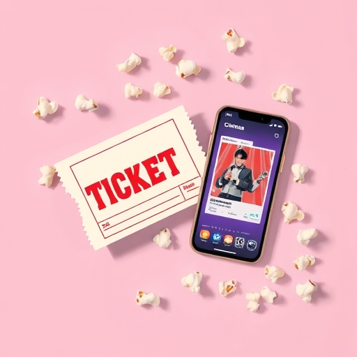overhead illustration of a movie ticket crumpled next to a phone displaying a cinema app and scattered popcorn kernels in soft pastel colors