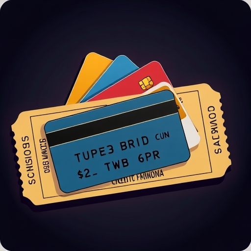 stylized illustration of various credit cards layered over a muted cinema ticket stub design with subtle glow effect
