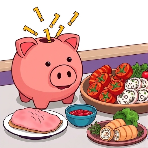 生動插圖描繪造型豬仔銀行溢出LINE Points符號，旁邊擺滿海底撈海鮮與蔬菜的餐桌，象徵透過智慧支付選擇的節省與獎勵