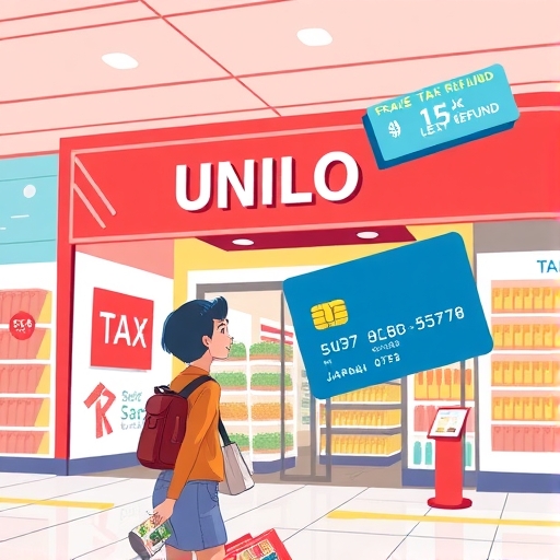 旅行購物日本UNIQLO的振奮插圖，信用卡與退稅符號浮現，歡樂旅行主題