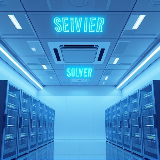 無塵室中發光伺服器與整合天花板的精密空調設備釋放潔淨空氣的藍調插圖