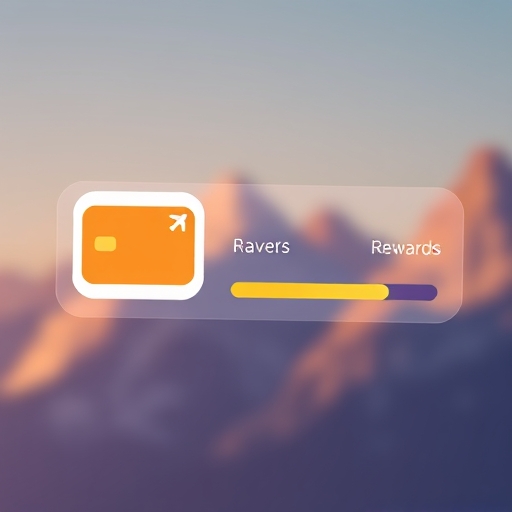 旅行訂房 App 數位介面顯示信用卡圖示與回饋進度條，溫暖色調