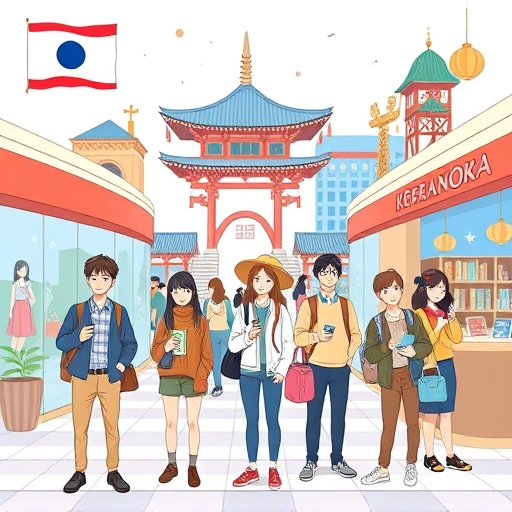A diverse group of travelers comfortably using smartphones and credit cards at various Korean landmarks like department stores and cafes depicted in a bright cheerful illustration style