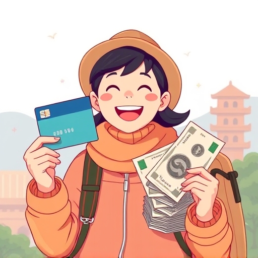 A joyful traveler enthusiastically comparing a credit card and a pile of Korean Won bills in a whimsical illustration style with warm pastel colors