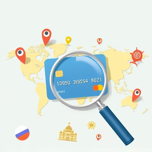 地圖標記與旅行圖示，放大鏡懸於信用卡，柔和插圖風格