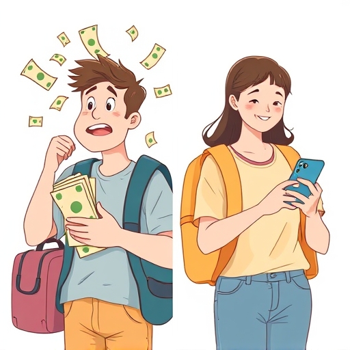 A split scene showing one side with a confused traveler overwhelmed by cash and the other side with a happy traveler using a smartphone payment app in a soft clean illustration style
