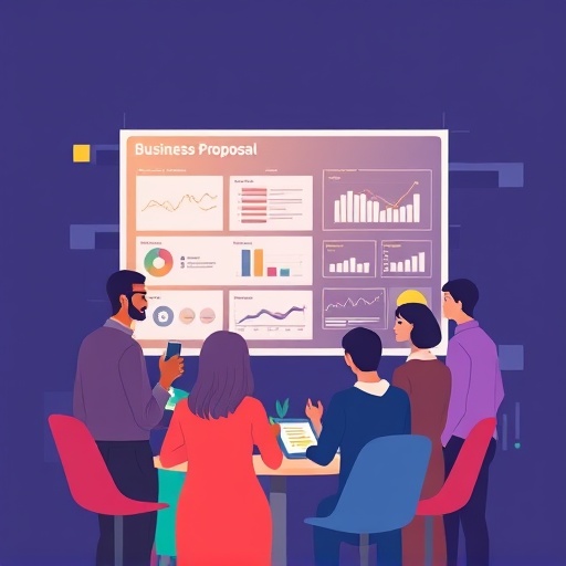 A stylized illustration of diverse professionals collaborating around a glowing projection of a business proposal, featuring clear sections and data visualizations, rendered in a modern flat design with vibrant accent colors
