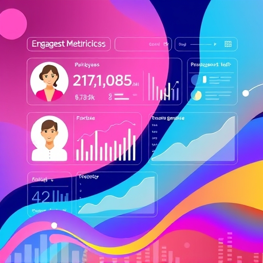 顯示用戶頭像與參與指標的活力數位介面，抽象流線象徵數據連接的明亮動感插圖