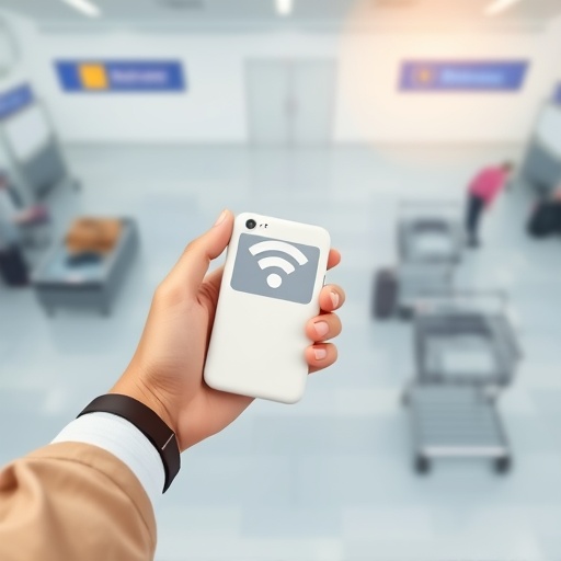 旅客在機場歸還租借 WiFi 機的俯視插圖，突出便利取還流程