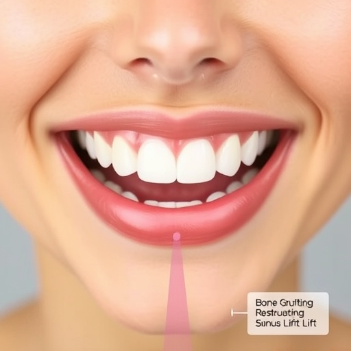 a close-up illustration of a smiling person with a healthy mouth, with subtle graphic overlays indicating bone grafting and sinus lift areas as part of a complex dental procedure