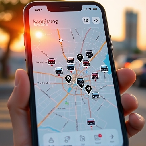 使用者友善智慧手機 App 介面特寫插圖,顯示高雄地圖與可用共享汽車圖示,沐浴在溫暖晚間燈光中