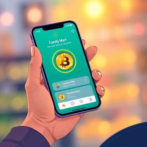 一位人士手持顯示全家App介面與比特幣圖示的智慧手機數位插圖