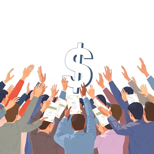 小額投資者興奮觸及降低股價股票證書的多元群像插圖，明亮吸引人