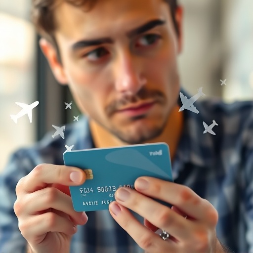 a person looking thoughtfully at a credit card with subtle airport icons and travel symbols floating around a soft light emphasizes the planning aspect