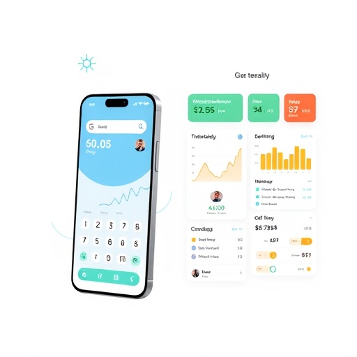 用戶在智慧型手機上有效管理財務，一側街口支付 App，另一側詳細財富管理儀表板的分裂插圖