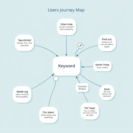 a vibrant illustration depicting a user journey map with interconnected nodes representing keyword mapping and search intent alignment showcasing a clear path towards user satisfaction and a friendly color palette