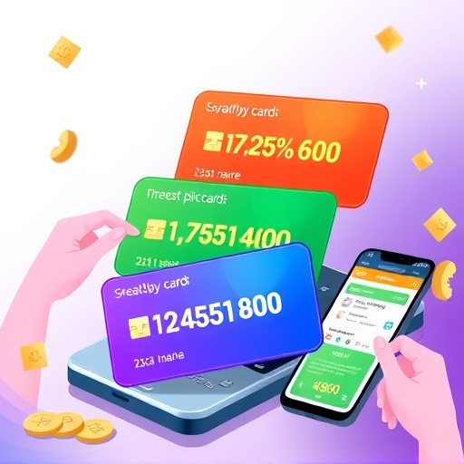 不同等級忠誠卡片發光的利率顯示，背景是無縫行動支付交易的活力插圖